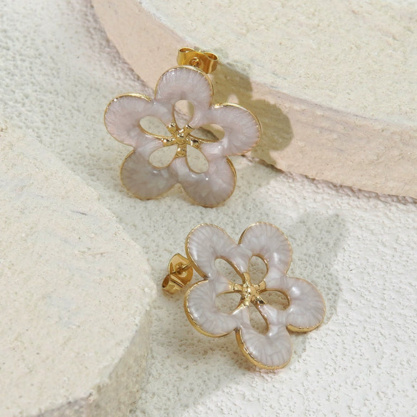 Wholesale Women's Oil Drip Hollow Stainless Steel Flower Earrings