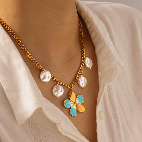 Wholesale Women's Oildrip Flower Stainless Steel Electroplated Necklace With Pearl Tassel Chain