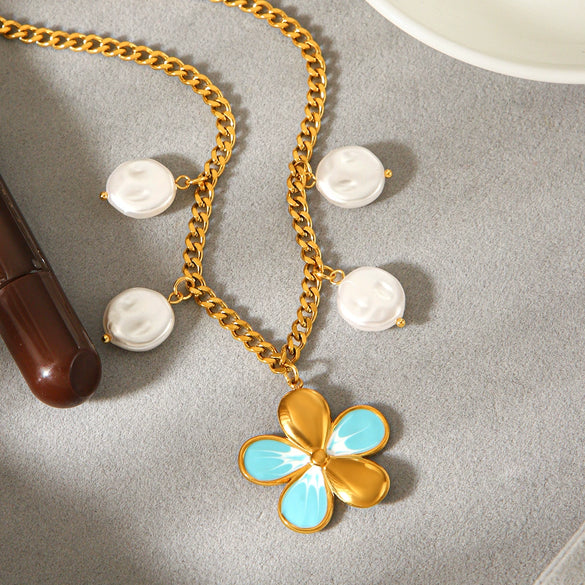 Wholesale Women's Oildrip Flower Stainless Steel Electroplated Necklace With Pearl Tassel Chain