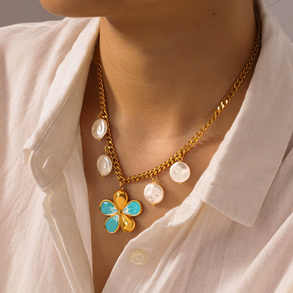 Wholesale Women's Oildrip Flower Stainless Steel Electroplated Necklace With Pearl Tassel Chain