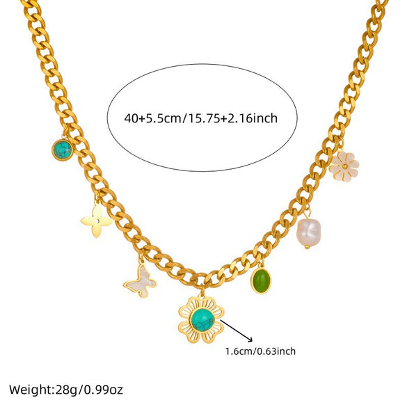 Wholesale Women's Old Money Style Stainless Steel Electroplated Necklace With Butterfly Daisy Turquoise Flower Pendant