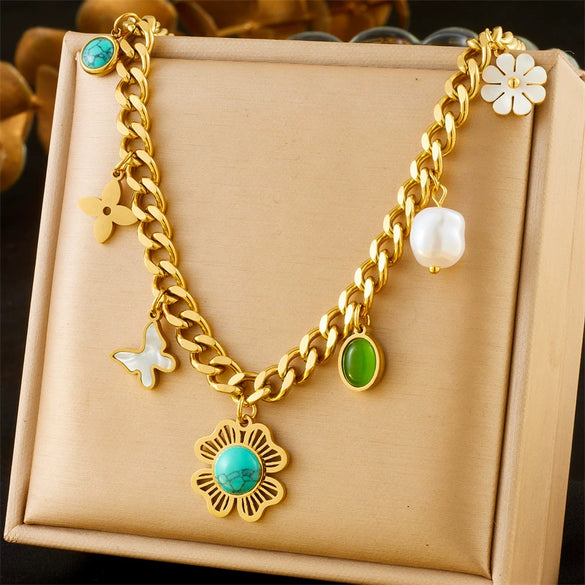 Wholesale Women's Old Money Style Stainless Steel Electroplated Necklace With Butterfly Daisy Turquoise Flower Pendant