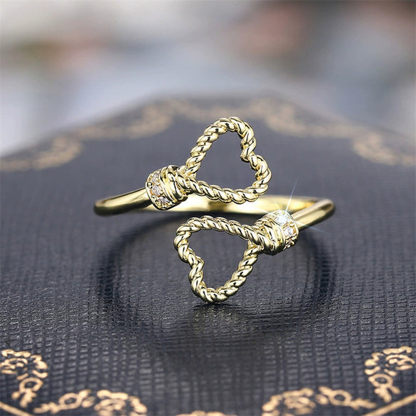 Wholesale Women's Open Adjustable Copper Heartshaped Hemp Rope Ring With Zirconia And Geometric Design Jewelry