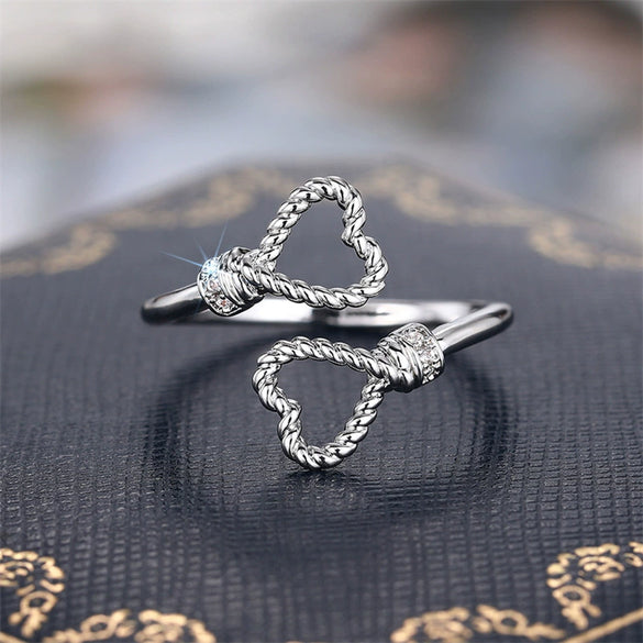 Wholesale Women's Open Adjustable Copper Heartshaped Hemp Rope Ring With Zirconia And Geometric Design Jewelry