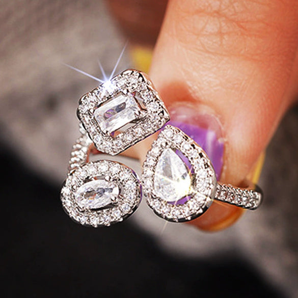 Wholesale Women's Open Adjustable Ring Copper Geometric Water Drop Square Shape Zirconia Inlaid Luxury Minimalist Design
