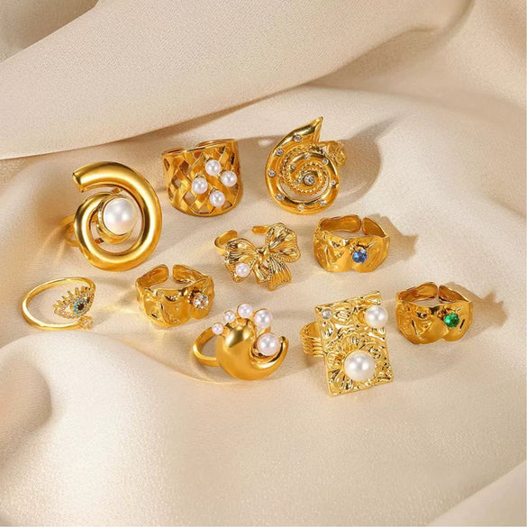 Wholesale Women's Open Ring Imitation Pearl Inlaid Stainless Steel French Retro Geometric Bow Tie Drop Shape Electroplated