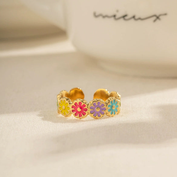 Wholesale Women's Open Ring Stainless Steel Geometric Electroplated Daisy Flower Design