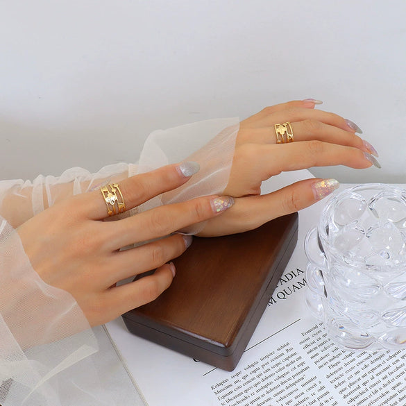 Wholesale Women's Open Titanium Steel Gold Plated Geometric Mix Match Fashion Ring With Electroplating