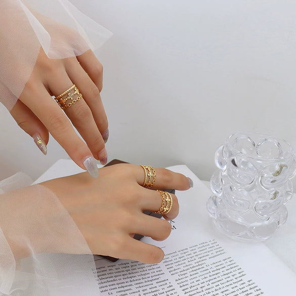 Wholesale Women's Open Titanium Steel Gold Plated Geometric Mix Match Fashion Ring With Electroplating