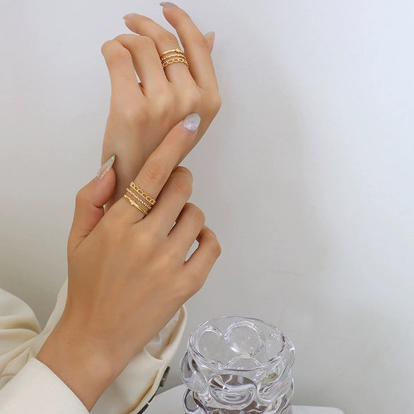Wholesale Women's Open Titanium Steel Gold Plated Geometric Mix Match Fashion Ring With Electroplating