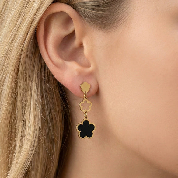 Wholesale Women's Original Design Geometric Stainless Steel Hollow Threesection Fiveleaf Flower Pendant Earrings With 925 Silver Ear Needles Electroplated