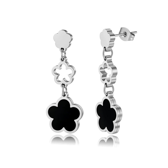 Wholesale Women's Original Design Geometric Stainless Steel Hollow Threesection Fiveleaf Flower Pendant Earrings With 925 Silver Ear Needles Electroplated