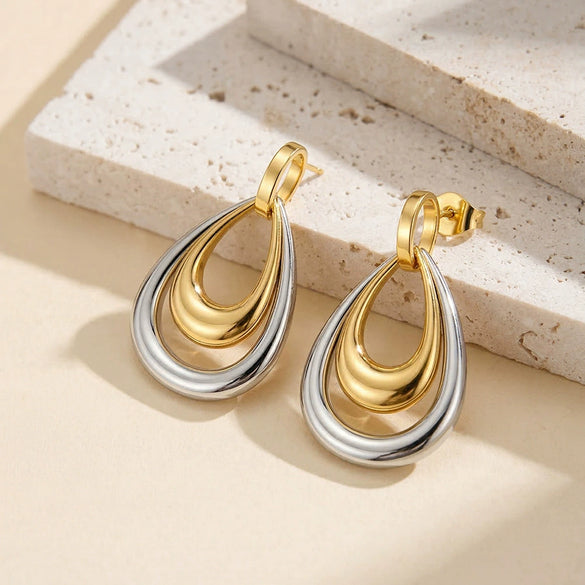 Wholesale Women's Original Design Geometric Titanium Steel Electroplated Doublelayer Colorblocking Water Drop Pendant Earrings