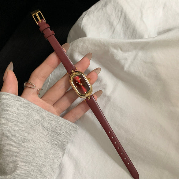 Wholesale Women's Oval Dial Super Fiber Strap Fashionable Minimalist Watch With Pin Buckle And Flat Top Tapered Crown