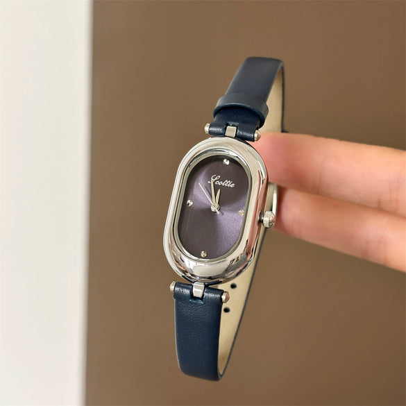 Wholesale Women's Oval Dial Super Fiber Strap Fashionable Minimalist Watch With Pin Buckle And Flat Top Tapered Crown