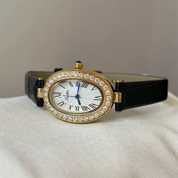 Wholesale Women's Oval Diamondstudded Quartz Watch With Red Leather Strap And Alloy Case