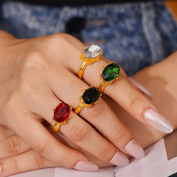 Wholesale Women's Oval Glass Stone Ring In French Court Style Titanium Steel Plated 18K Gold With Geometric Design Electroplated