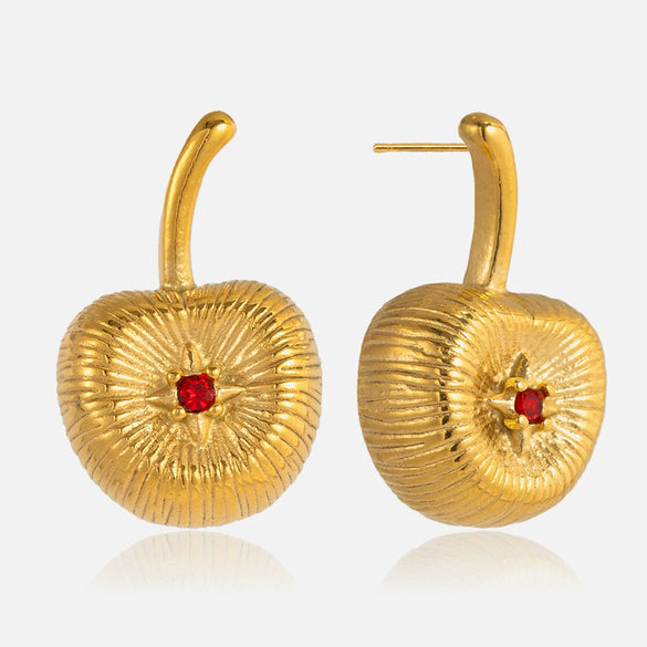 Wholesale Women's Pastoral Style Geometric And Fruit Pattern Stainless Steel Electroplated Cherry Rhinestone Earrings