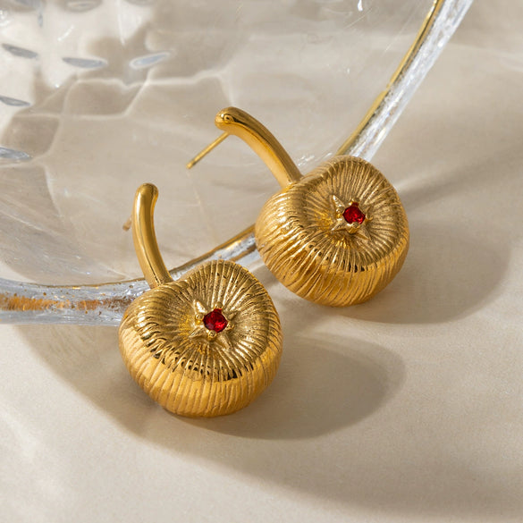 Wholesale Women's Pastoral Style Geometric And Fruit Pattern Stainless Steel Electroplated Cherry Rhinestone Earrings