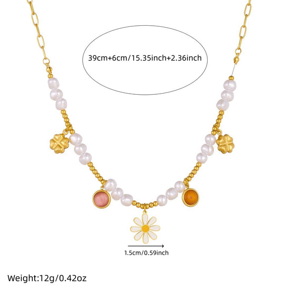 Wholesale Women's Pastoral Style Stainless Steel Electroplated Flower Pendant Necklace With Flat Cross Chain