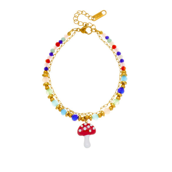 Wholesale Women's Pastoral Style Strawberry Mushroom Insect Fruit Pattern Stainless Steel Electroplated Beaded Bracelet
