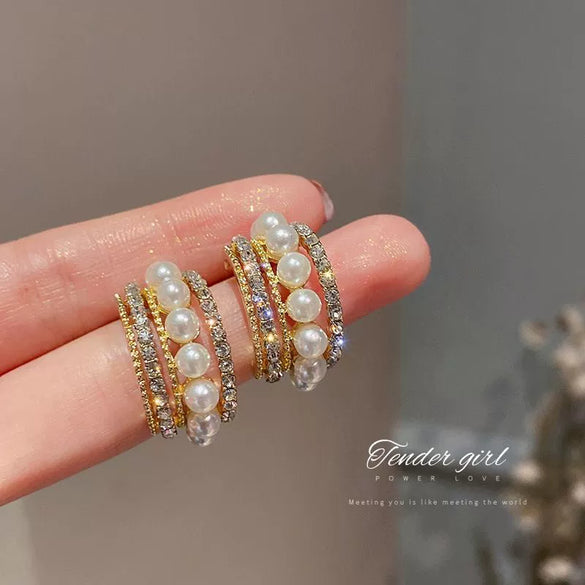 Wholesale Women's Pearl And Zircon Earrings High Sense Geometric Retro Light Luxury Electroplated