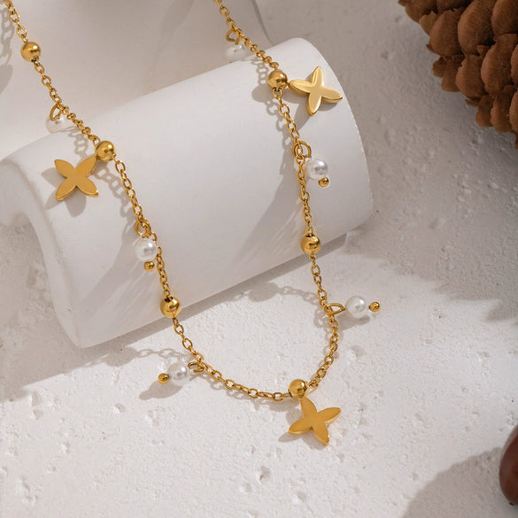 Wholesale Women's Pearl Cross Pendant Necklace In Geometric Shape With 18K Real Gold Plating And Pvd Furnace Vacuum Real Gold Processing Stainless Steel Jewelry