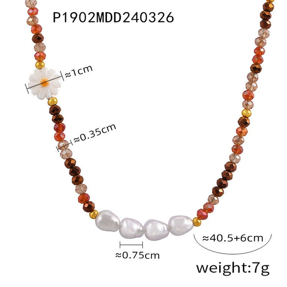 Wholesale Women's Pearl Crystal Beads And Steel Beads Necklace With Small Daisy Pattern And Electroplating Design