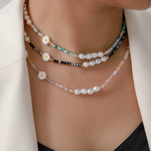 Wholesale Women's Pearl Crystal Beads And Steel Beads Necklace With Small Daisy Pattern And Electroplating Design
