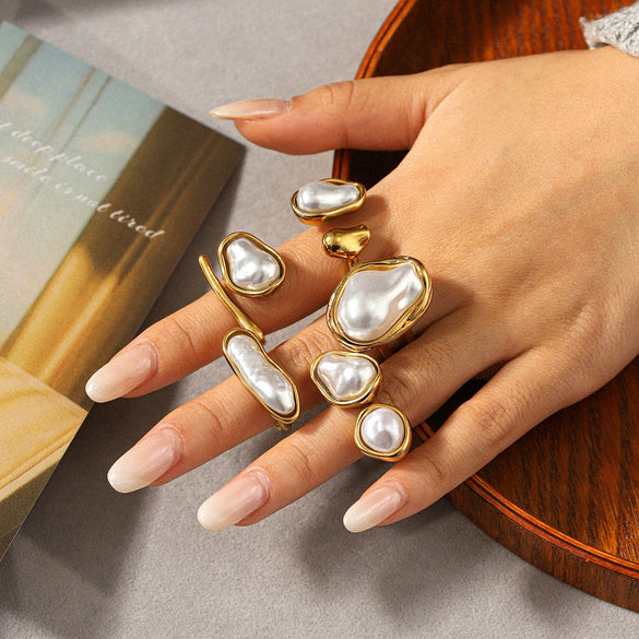 Wholesale Women's Pearl Inlaid Geometric Drop Shape Stainless Steel Open Ring Light Luxury Minimalist Ins Style Jewelry