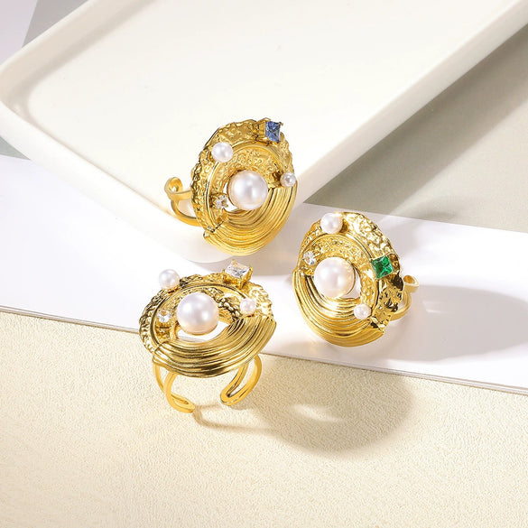 Wholesale Women's Pearl Stainless Steel Irregular Round Open Ring With Animal Zodiac Pattern Electroplated