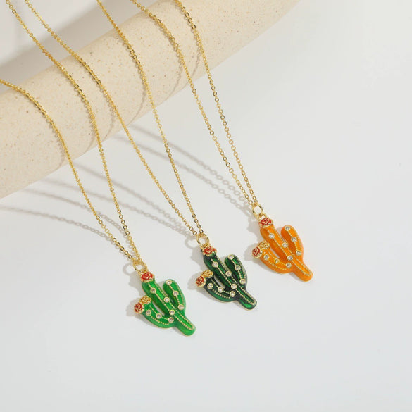 Wholesale Women's Pendant Necklace Copper Mixed Gemstone Setting Geometric Plants Flowers Style Electroplating Cactus Shape