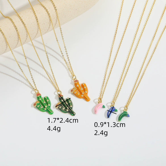 Wholesale Women's Pendant Necklace Copper Mixed Gemstone Setting Geometric Plants Flowers Style Electroplating Cactus Shape