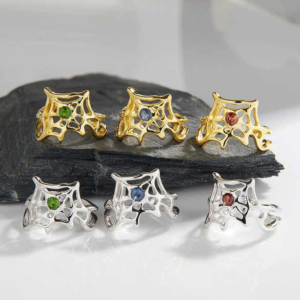 Wholesale Women's Personality Exaggerated Spider Web 925 Sterling Silver Natural Garnet Sapphire Color Treasure Ring Set With Precious Stones