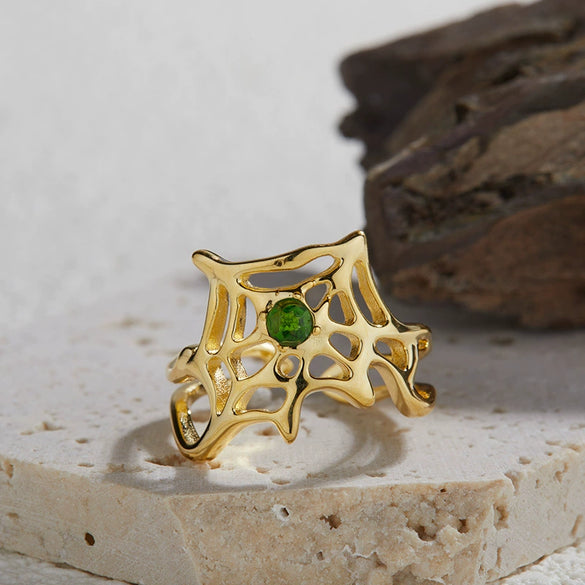 Wholesale Women's Personality Exaggerated Spider Web 925 Sterling Silver Natural Garnet Sapphire Color Treasure Ring Set With Precious Stones