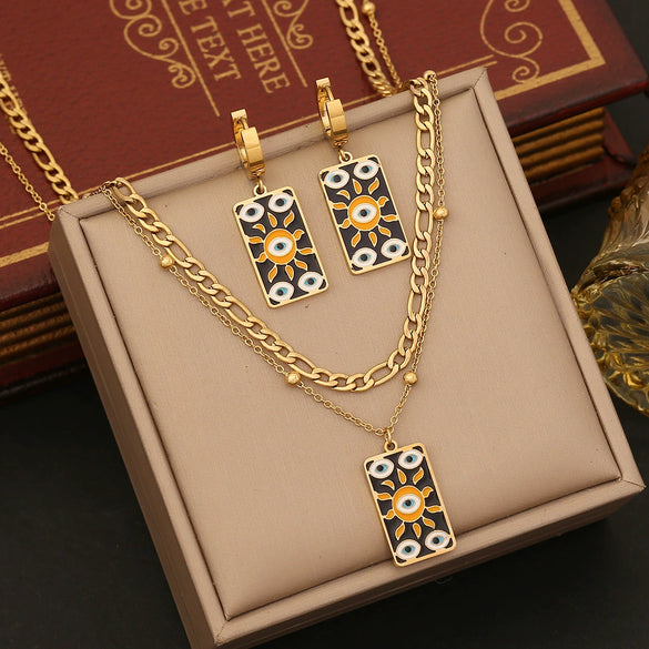Wholesale Women's Personality Star Moon Double Chain Necklace In Stainless Steel With Geometric Design And Dripping Oil Treatment