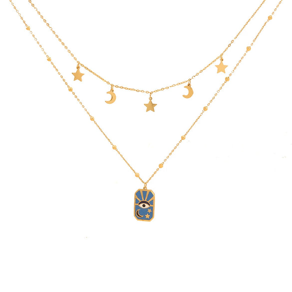 Wholesale Women's Personality Star Moon Double Chain Necklace In Stainless Steel With Geometric Design And Dripping Oil Treatment