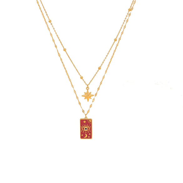 Wholesale Women's Personality Star Moon Double Chain Necklace In Stainless Steel With Geometric Design And Dripping Oil Treatment