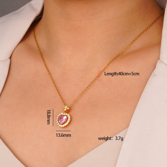 Wholesale Women's Pink Love Sweet Copper Zircon Heart Pendant Necklace With Electroplating And O Word Chain In Light Luxury Style