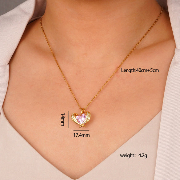 Wholesale Women's Pink Love Sweet Copper Zircon Heart Pendant Necklace With Electroplating And O Word Chain In Light Luxury Style