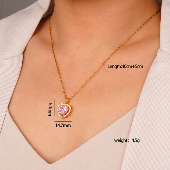 Wholesale Women's Pink Love Sweet Copper Zircon Heart Pendant Necklace With Electroplating And O Word Chain In Light Luxury Style