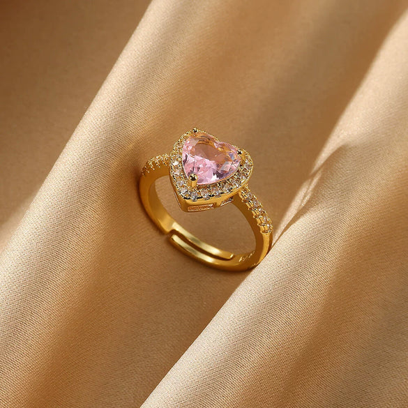 Wholesale Women's Pink Love Zircon Copper Heartshaped Ring Set With Diamonds Retro Versatile Open Light Luxury Palace Style Geometric
