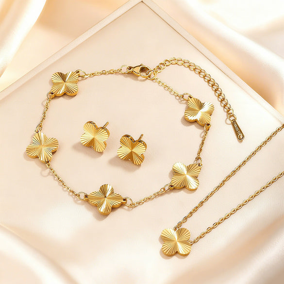 Wholesale Women's Plants And Flowers Four Leaf Clover Stainless Steel Jewelry Set Electroplated O Word Chain Necklace Bracelet Earring