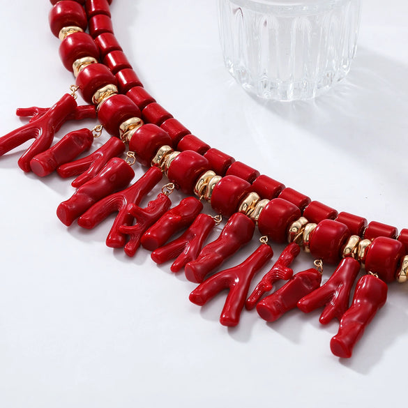 Wholesale Women's Plastic Resin Geometric Hand Knit Multi Layer Necklace With Mixed Gemstone Pendant And Regular Chain In Plants Flowers Style
