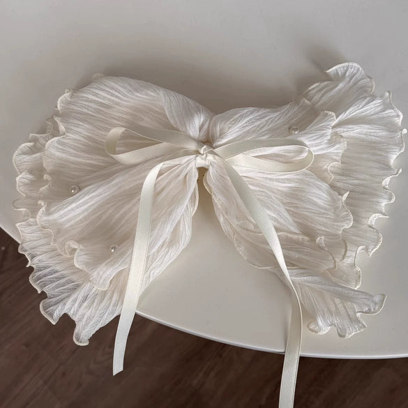 Wholesale Women's Pleated Fabric Pearl Bow Doublelayer Oversized Handmade Mixed Materials Hair Tie Sweet Style Hair Accessory