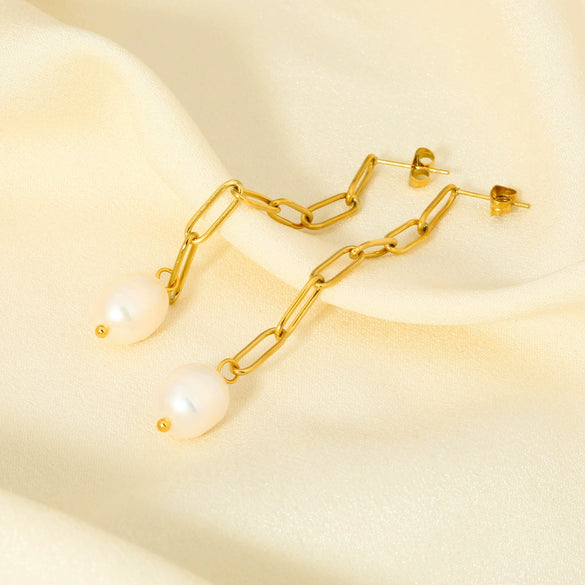 Wholesale Women's Premium Natural Freshwater Pearl Earrings With Cuban Chain Made Of 18K Gold Plated Stainless Steel Geometric Design Pvd Furnace Real Gold Process