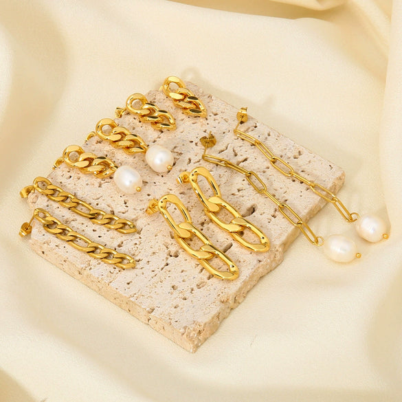 Wholesale Women's Premium Natural Freshwater Pearl Earrings With Cuban Chain Made Of 18K Gold Plated Stainless Steel Geometric Design Pvd Furnace Real Gold Process