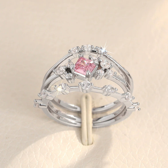 Wholesale Women's Princess Style Geometric Copper Ring Threepiece Set With Pink Zirconia