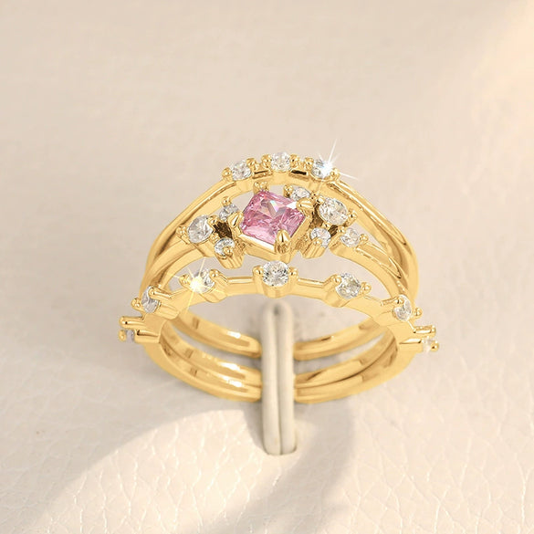 Wholesale Women's Princess Style Geometric Copper Ring Threepiece Set With Pink Zirconia