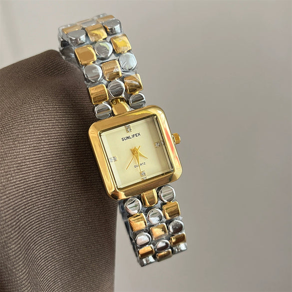 Wholesale Women's Quartz Watch Square Goldtone Steel Band Diamondencrusted With Motherofpearl Square Dial